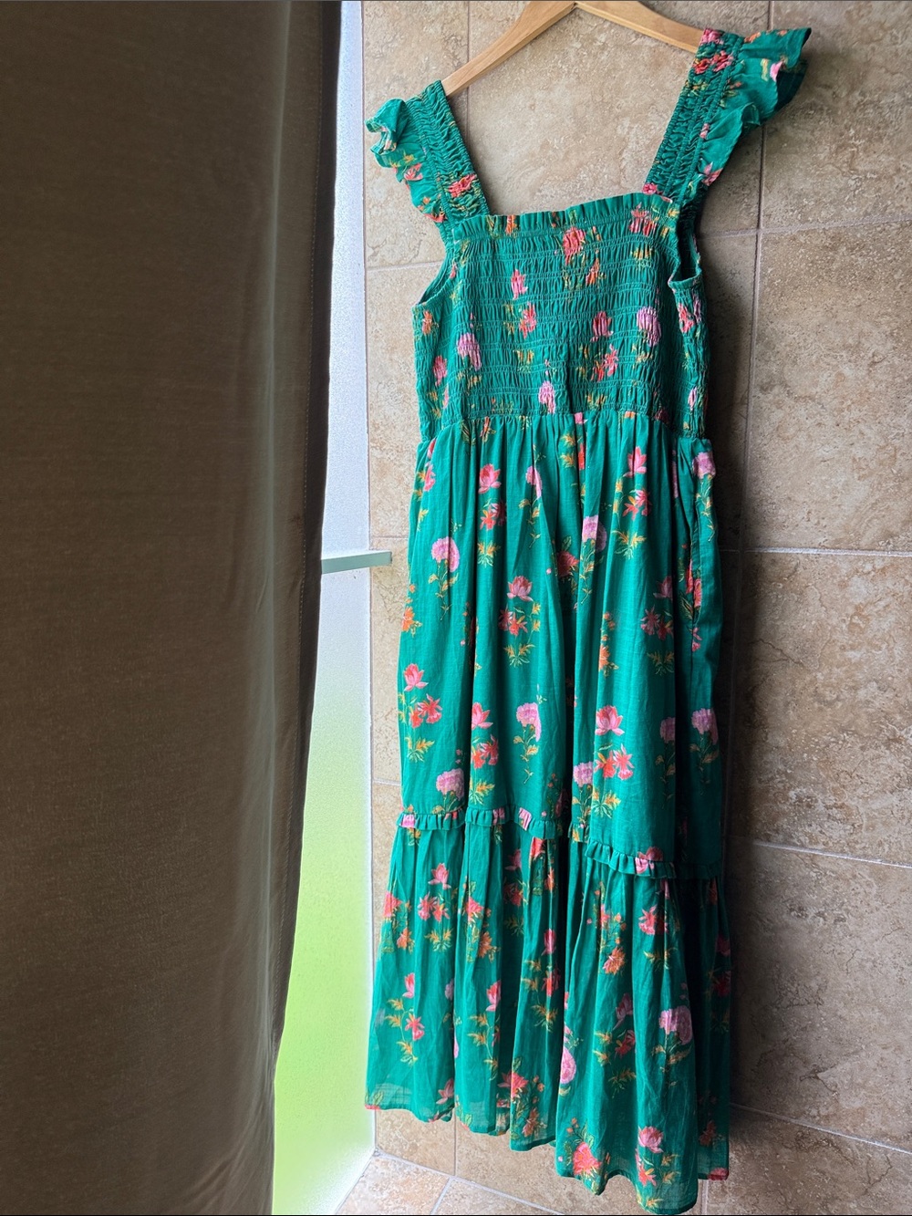 Anthropologie Peregrine Square Neck Midi Dress Pockets Smocked Flounce Teal Pink - Picture 5 of 16